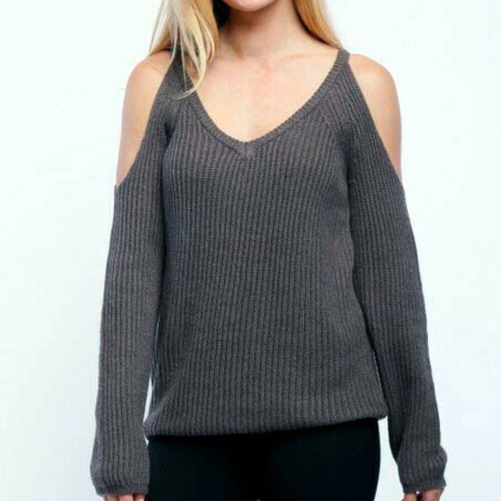 Lumiere Grey Open Shoulder V-neck Sweater SIZE SMALL BRAND NEW WITH TAGS